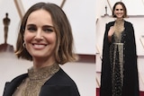 Natalie Portman on the red carpet wearing a black dress and cape.