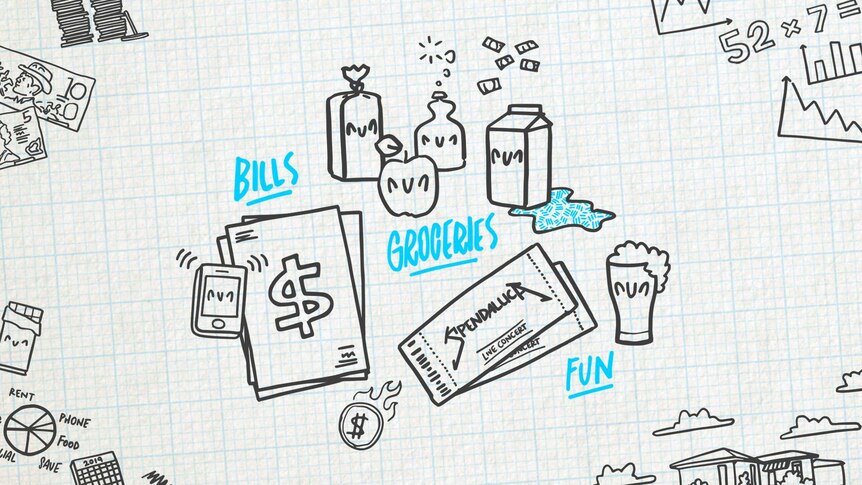 An illustration of milk carton, apples for groceries, concert tickets for fun and paper with a dollar sign for bills.