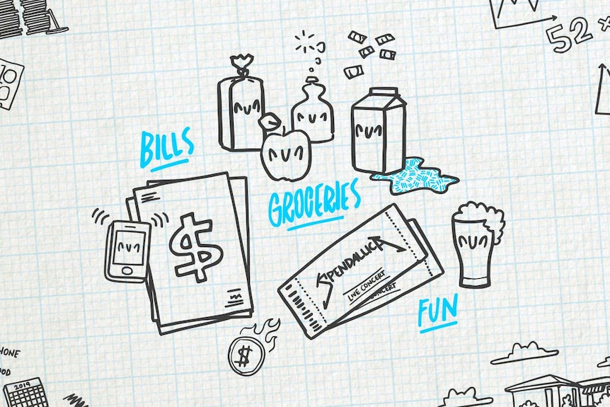 An illustration of milk carton, apples for groceries, concert tickets for fun and paper with a dollar sign for bills.