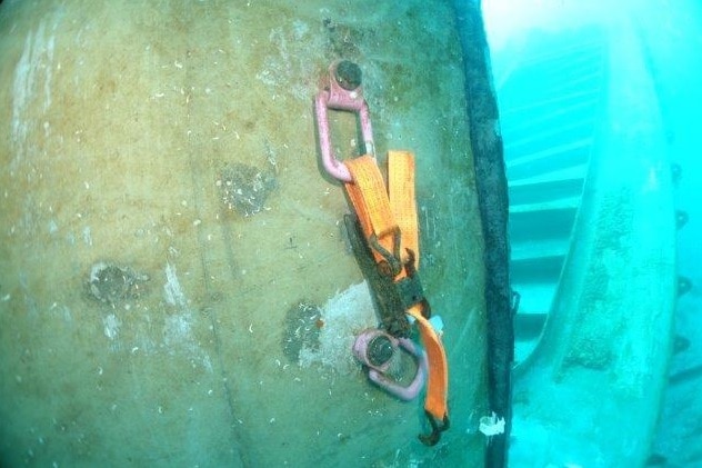 Underwater photo of the submerged part of the Oceanlinx wave energy generator.