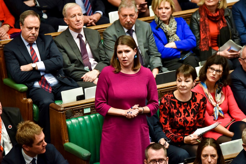 Jo Swinson is pictured on the full benches of the House of Commons wearing a purple long-sleeve dress.