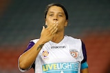 Sam Kerr of Perth Glory celebrates by blowing a kiss during a W-League match.