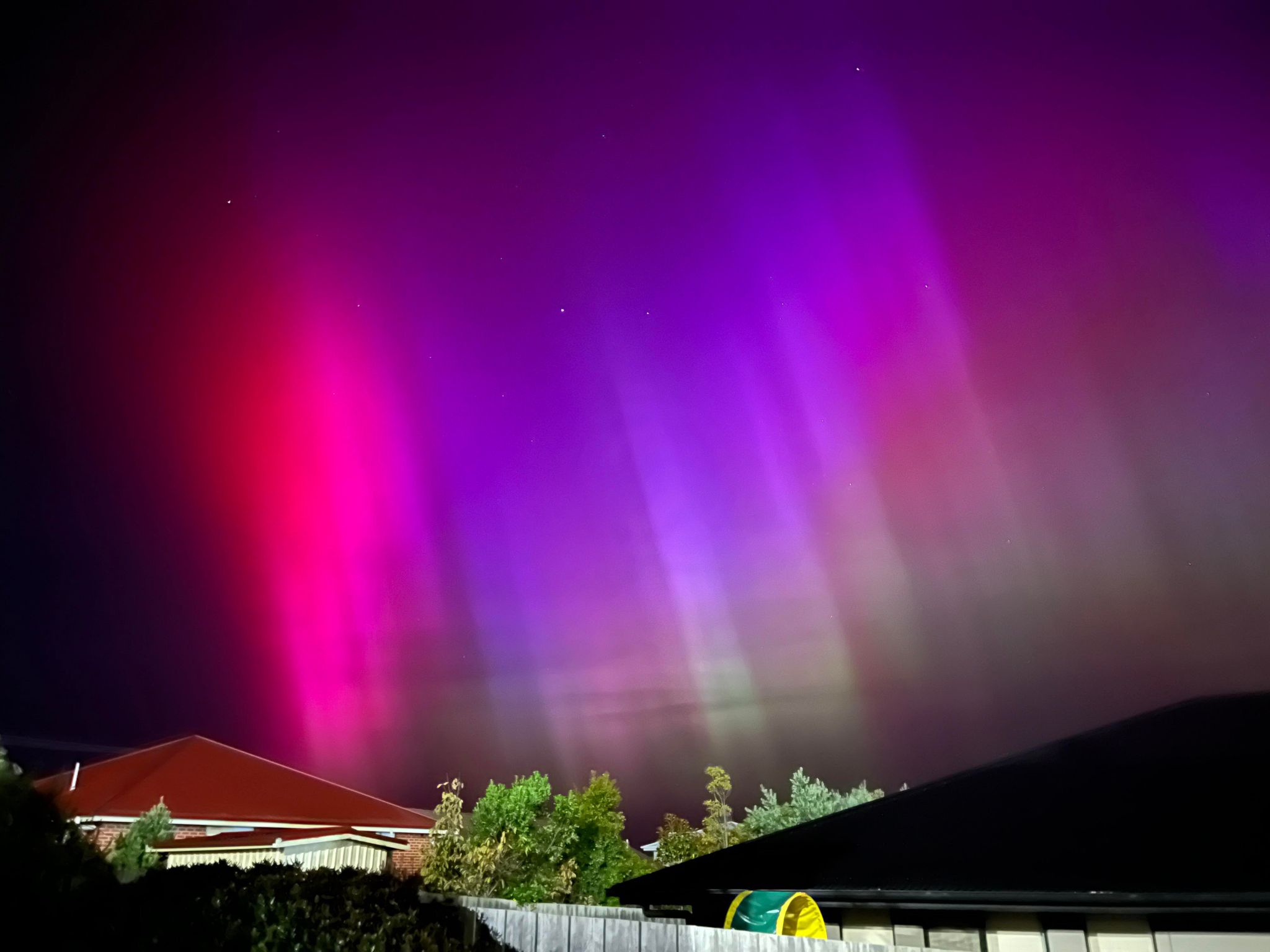 Pink and purple lights seen in the sky over houses.