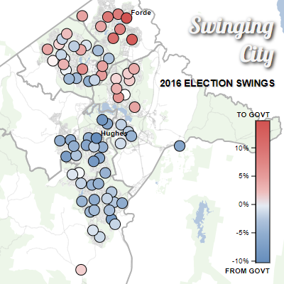 A map shows ACT polling booths for the 2016 election.