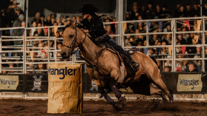 A young cowgirl wearing a black hat and shirt riding a light brown coloured horse around a barrel in front of a crowd. 