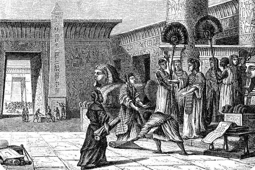 A black and white drawing showing Ptolemy I Soter at the Great Library of Alexandria.