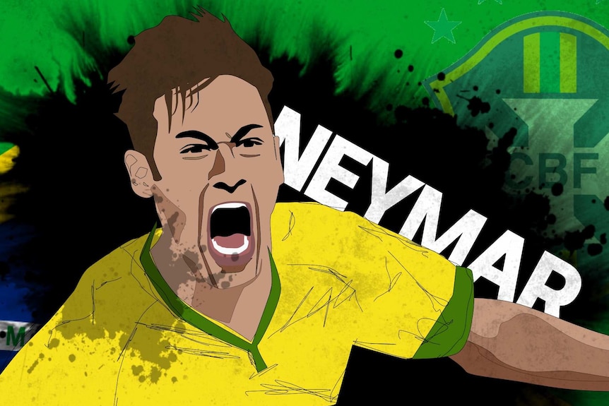 A graphic of Neymar over the Brazilian flag