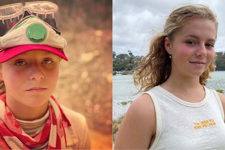 A collage of a young girl fighting bushfires in 2019 compared to today standing next to the water.