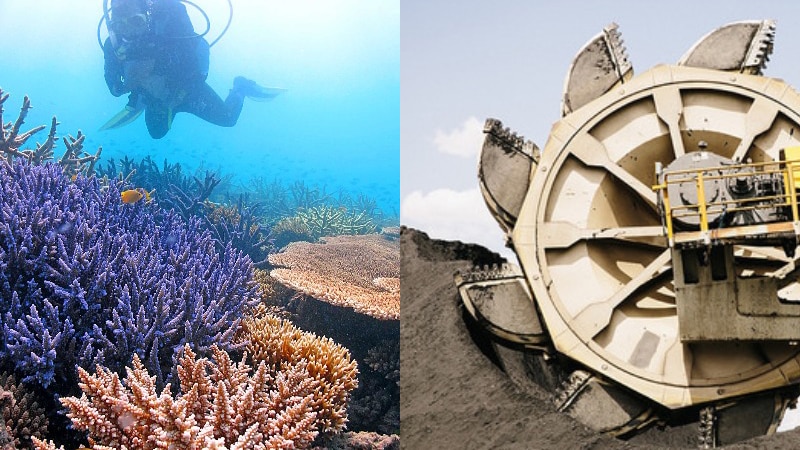 A composite photo of a scuba diver over a colourful reef and a coal reclaimer at an Australian mine.