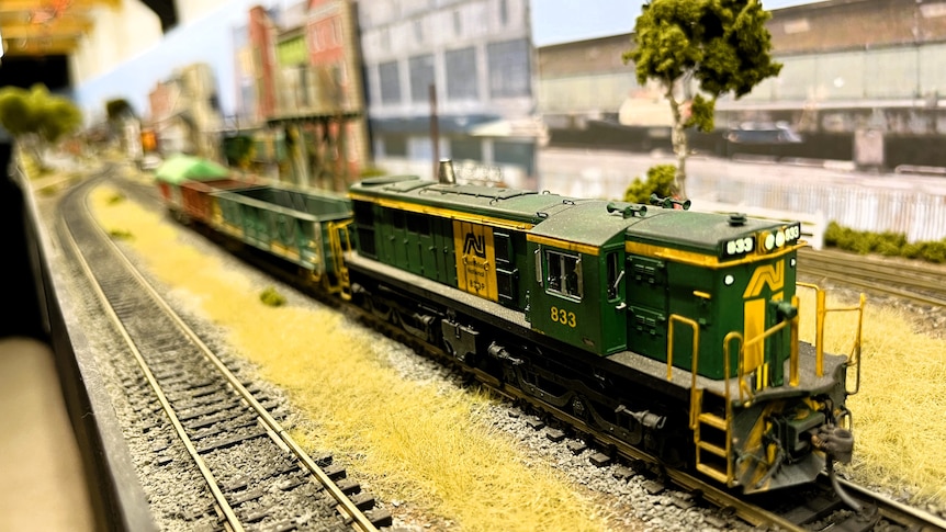 A model train in front of scenery