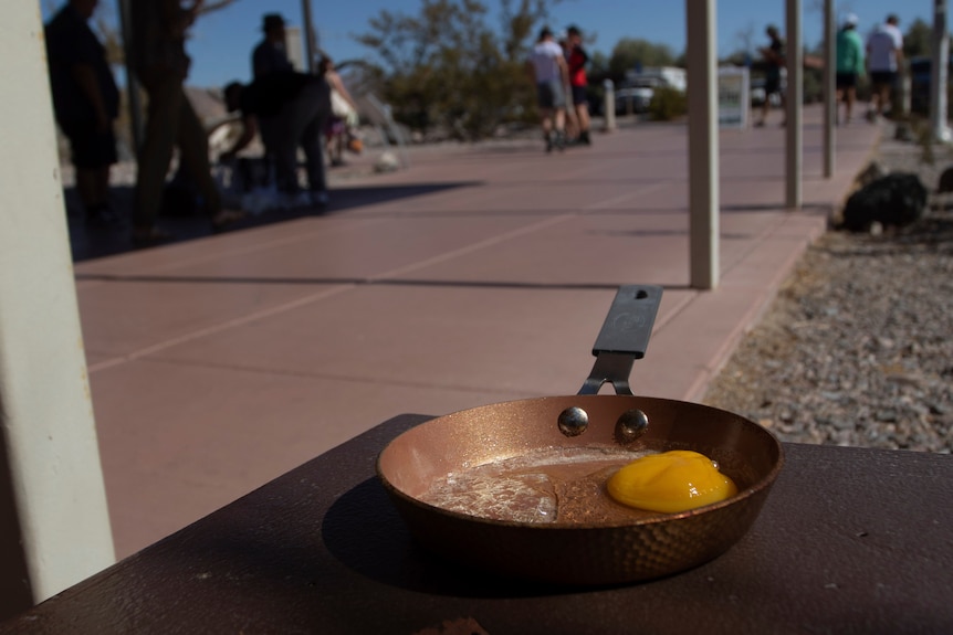 A frying pan sits on a city street, with an egg inside it.