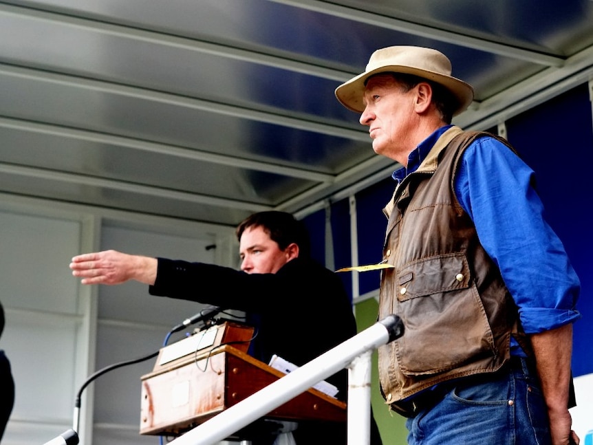 An auctioneer calls the bids on a young Kelpie while the owner watches the bids next to him.