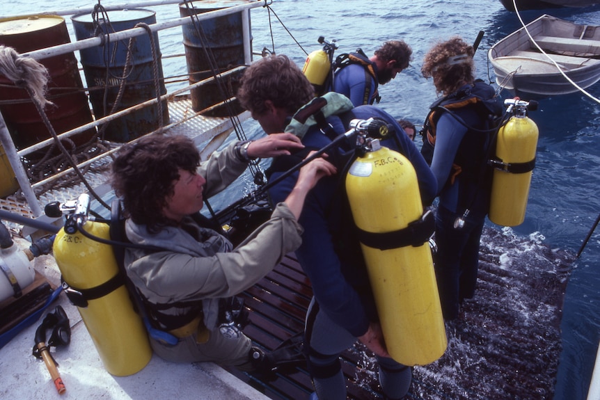 divers with tanks getting ready to dive