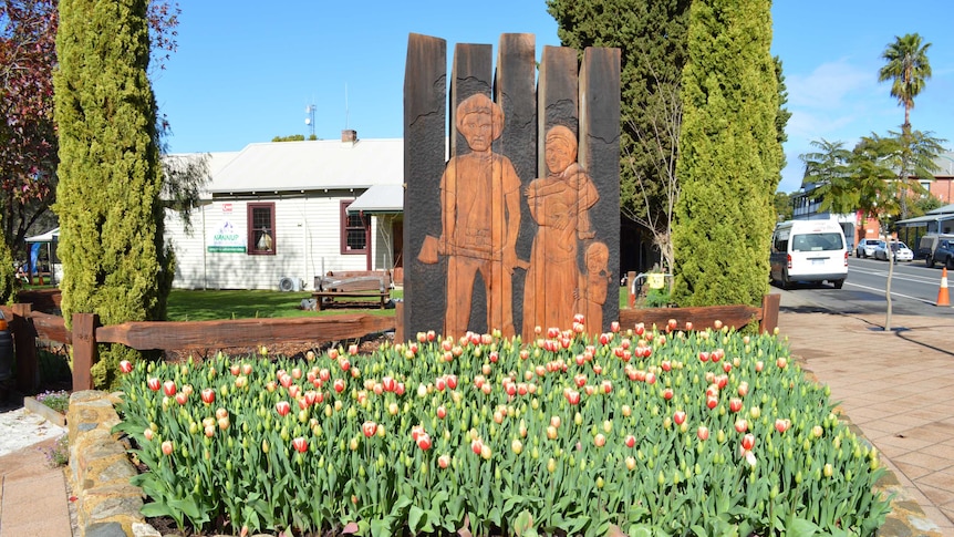 The Nannup townsite. A statue with flowers in front.