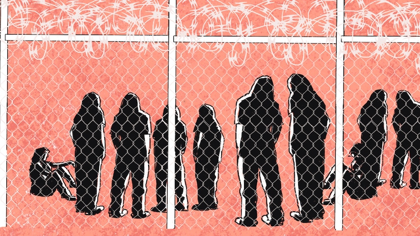 An illustration shows a number of female inmates, behind a wire fence, in a prison yard.