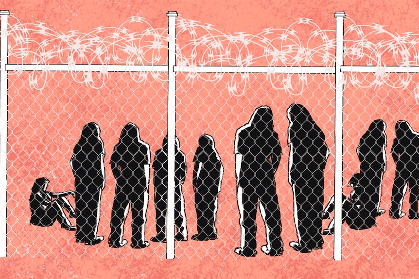 An illustration shows a number of female inmates, behind a wire fence, in a prison yard.