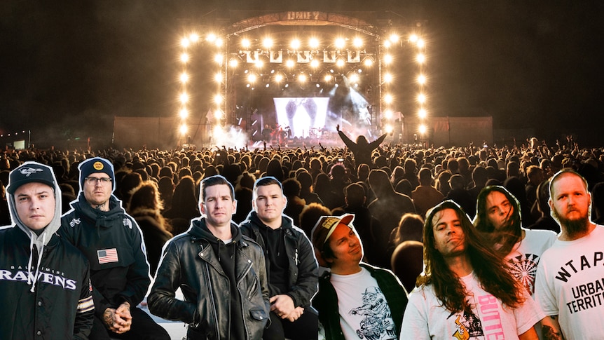 A collage of The Amity Affliction & Violent Soho out front of Unify Gathering main stage crowd