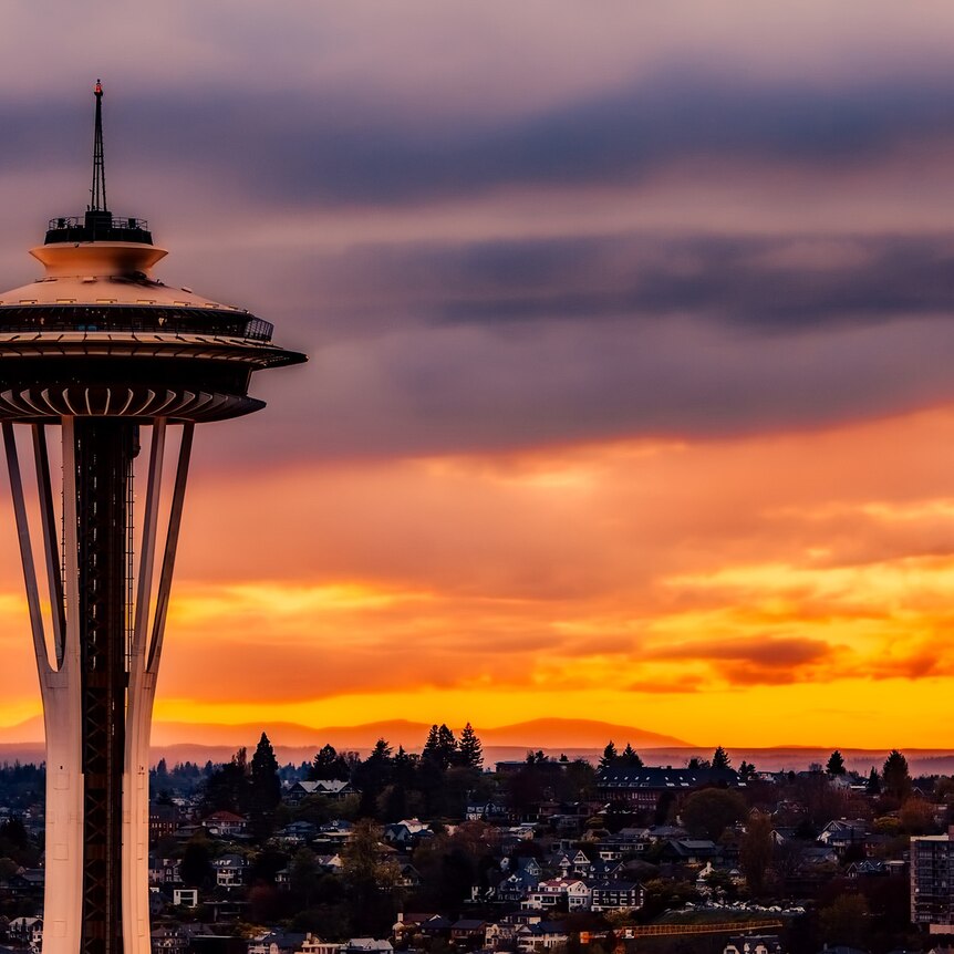 The Space Needle, a tall futuristic-looking white tower, overlooking leafy suburbia as the sun sets in orange. 