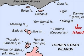 A map of the Torres Strait Islands, with the island of Mer highlighted to the east