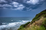 dark storm clouds rolling in over a beachside cliff. the waves look choppy and the sky is dark