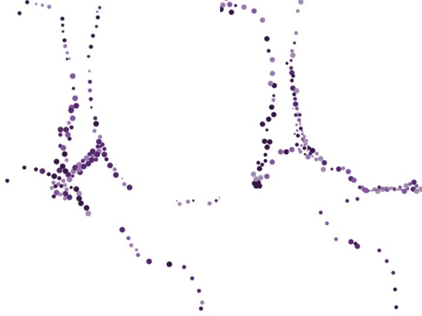 A series of purple dots on a white background. 