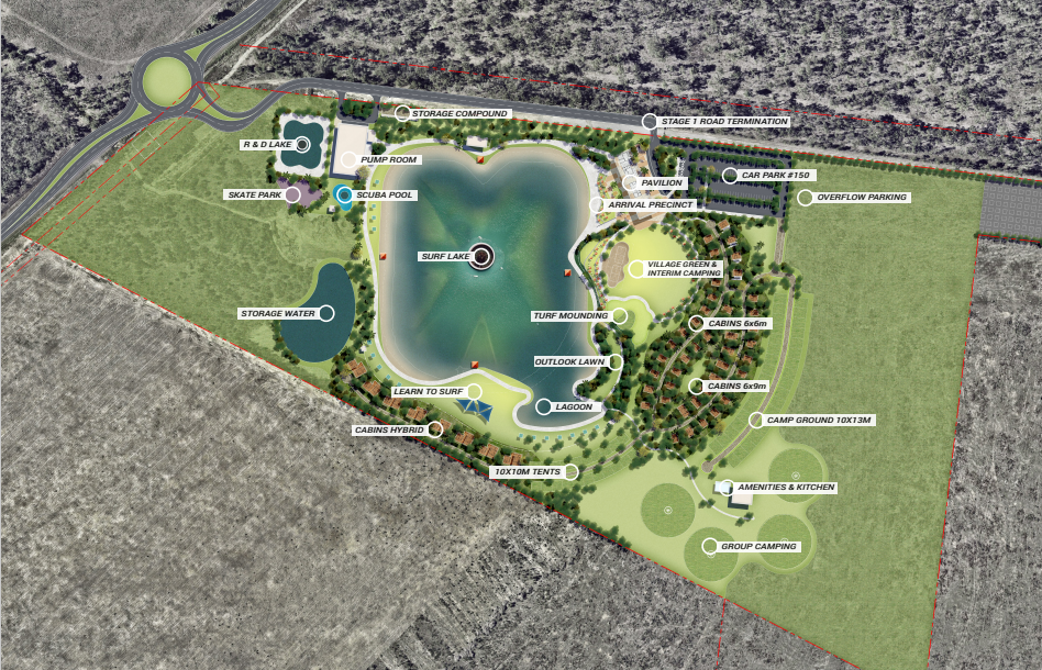 A digital view showing a map of a tourism facility with a wave pool in the centre and facilities around it. 