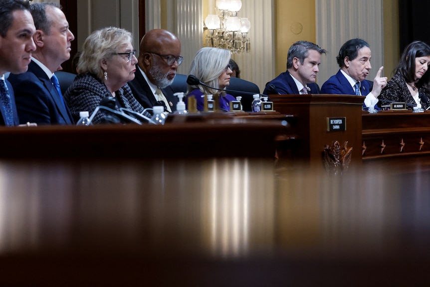 The members of the committee sit at a table behind microphones.