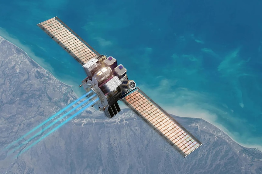 An artist's illustration of a satellite with solar panels on each side flying in orbit over a coastline of a country on Earth.