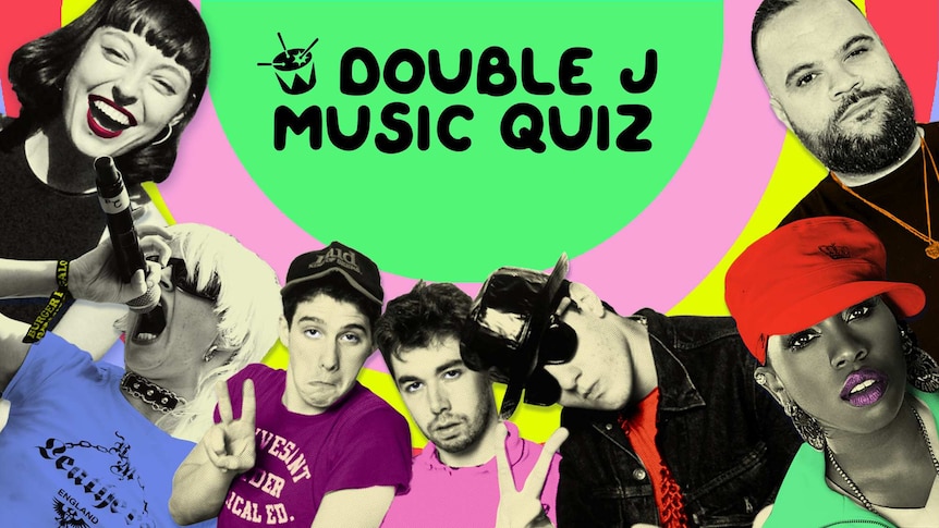 Stella Donnelly, Amy Taylor, Beastie Boys, Missy Elliott and Briggs on a colourful background with the words Double J Music Quiz