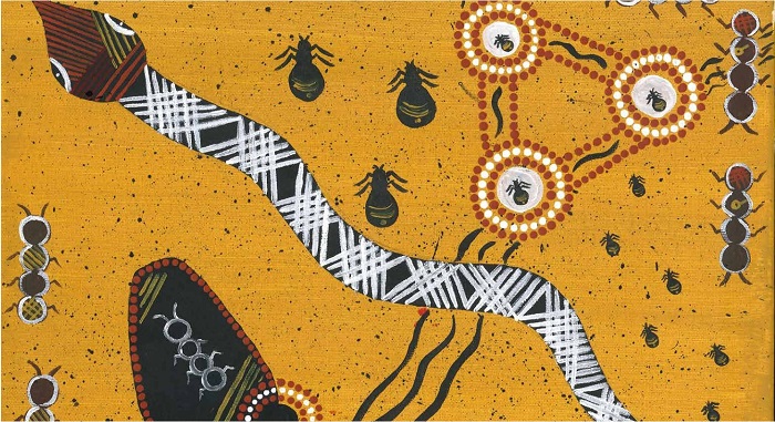 A painting of a snake and ants