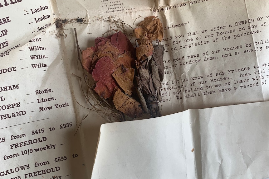 A bunch of dried roses in a newspaper. 