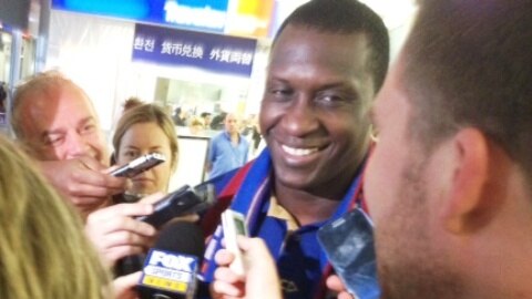 Emile Heskey, the Newcastle Jets new marquee player, arrives at Sydney airport September 28, 2012.