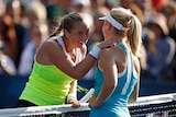 American Shelby Rogers (L) talks with Australia's Daria Gavrilova after Rogers' victory at US Open.