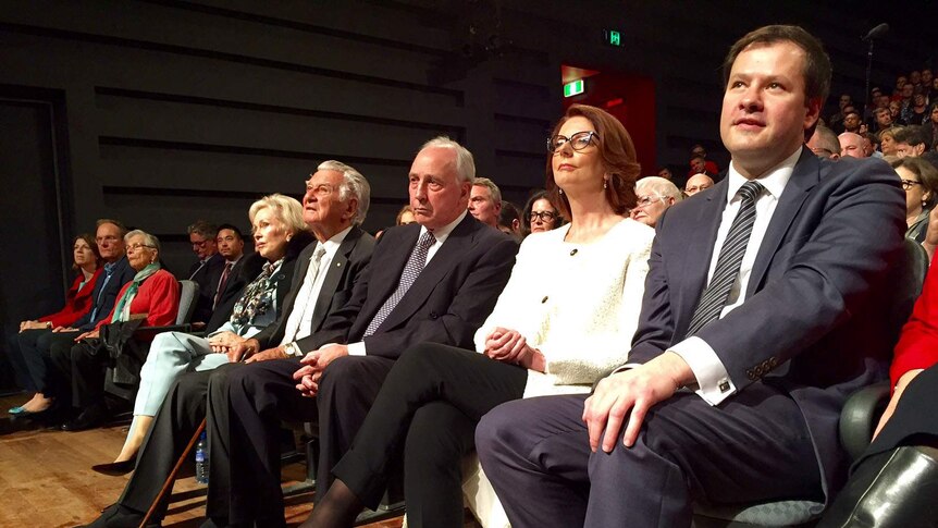 Former Prime Ministers Bob Hawke, Paul Keating and Julia Gillard sit at the ALP launch in Penrith.