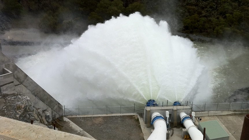 Water flows out of Jindabyne Dam into the Snowy River as part of an environmental water release. (File photo)