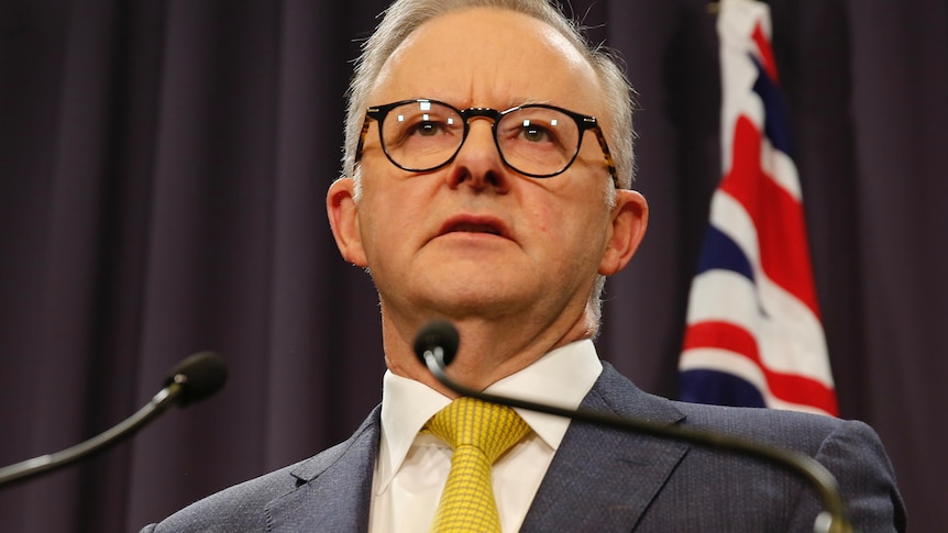Albanese looks up while standing at a lectern, an Australian flag behind him.