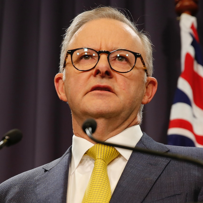 Albanese looks up while standing at a lectern, an Australian flag behind him.