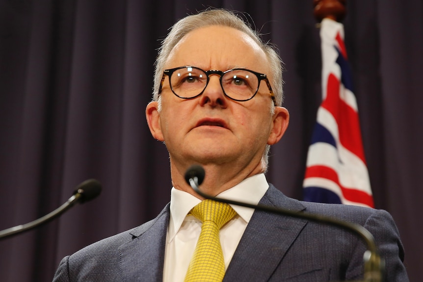 Albanese looks up while standing at a lectern, an Australian flag behind him.