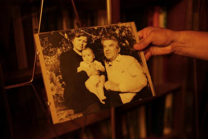 A photograph showing Maria and husband Vasilii as young parents with their daughter Natalya