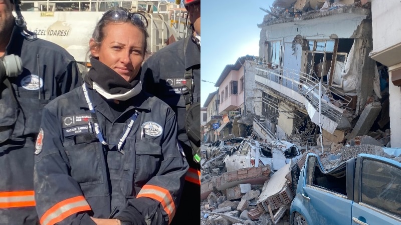 composite image of a woman wearing dusty firefighting uniform, and severely damage building, rubble and damaged car