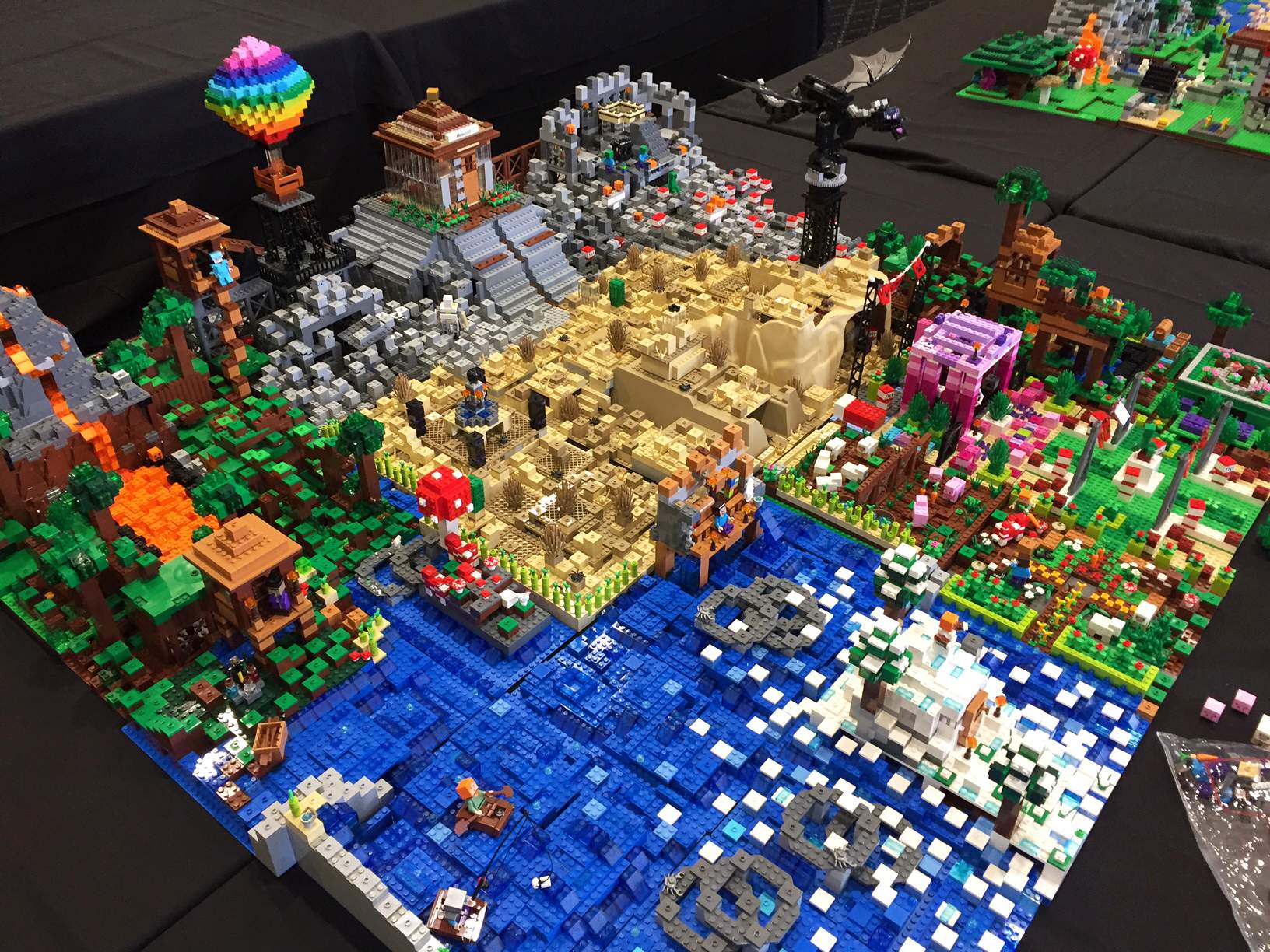 An aerial view of a small city made of Lego.