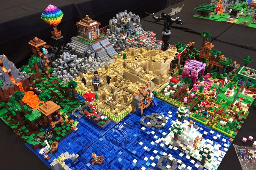 An aerial view of a small city made of Lego.