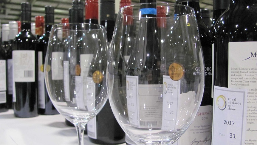 Bottles of wine for tasting at the Royal Adelaide Wine Show