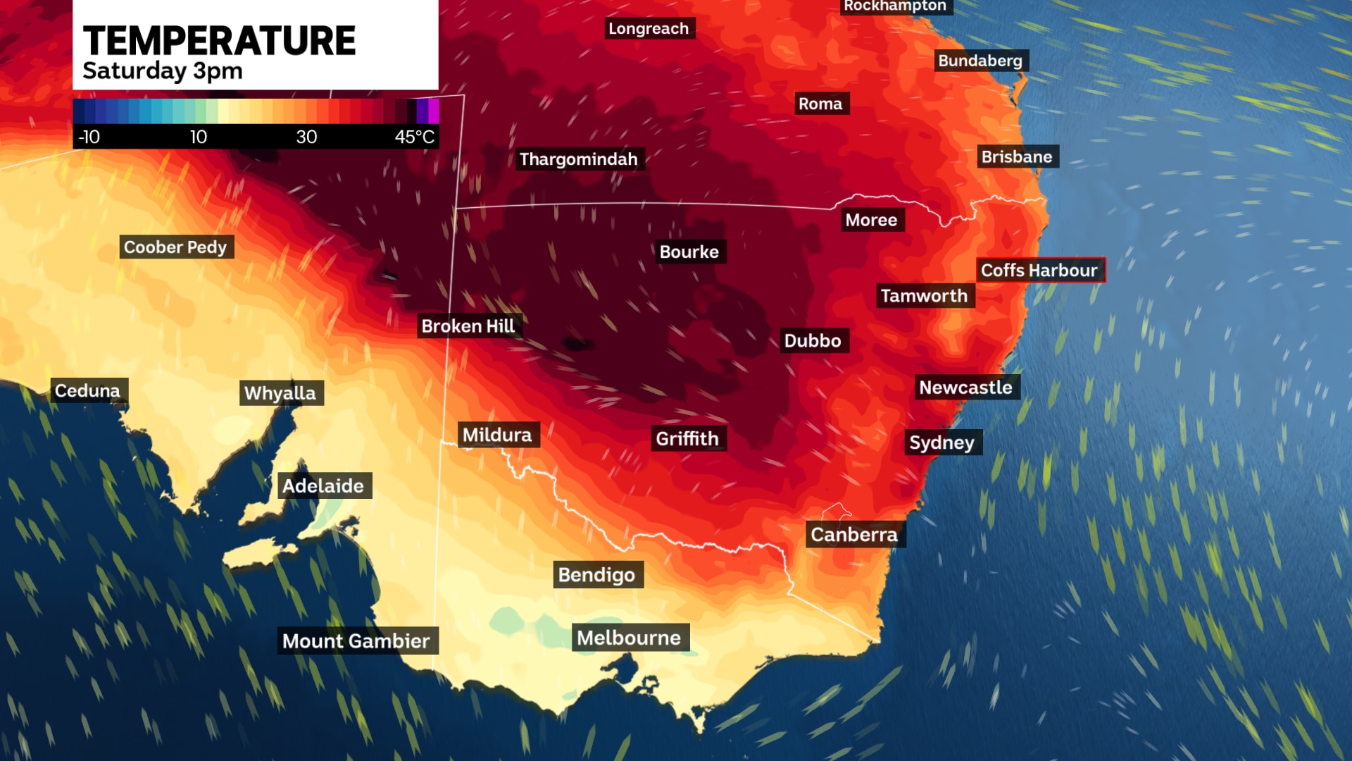a weather map of new south wales showing the heatwave and high temperatures for saturday november 8