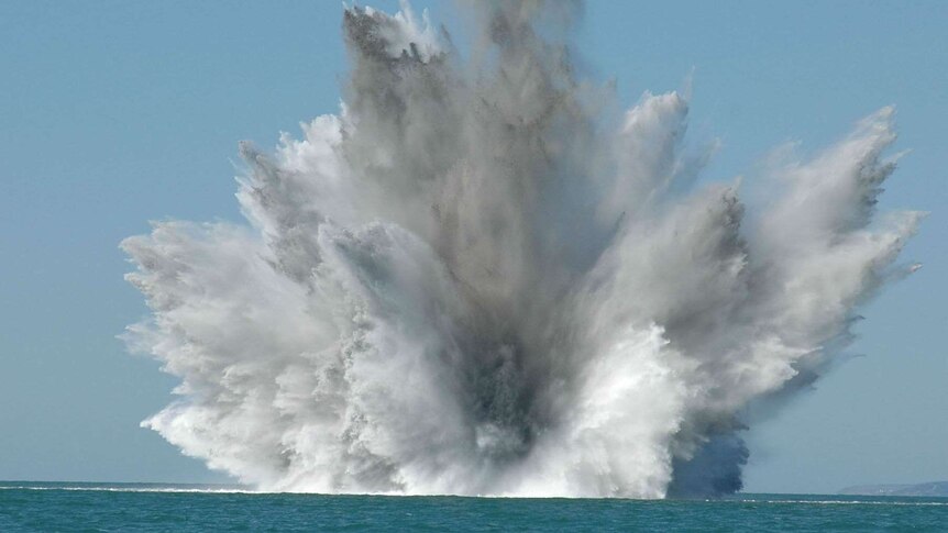 A German World War II GC mine is detonated after being found in 25m of water in the Solent.
