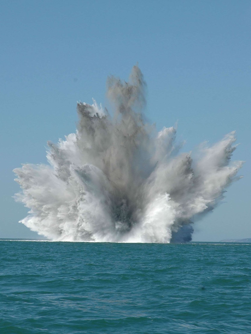 A German World War II GC mine is detonated after being found in 25m of water in the Solent.