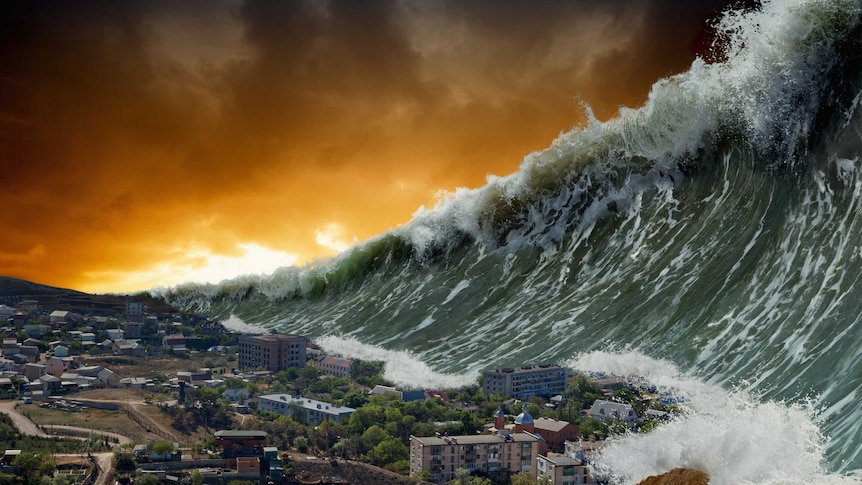 A computer-generated image of a tsunami wave bearing down on a city.