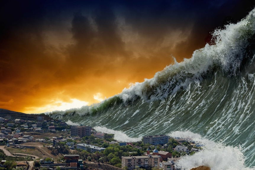 A computer-generated image of a tsunami wave bearing down on a city.