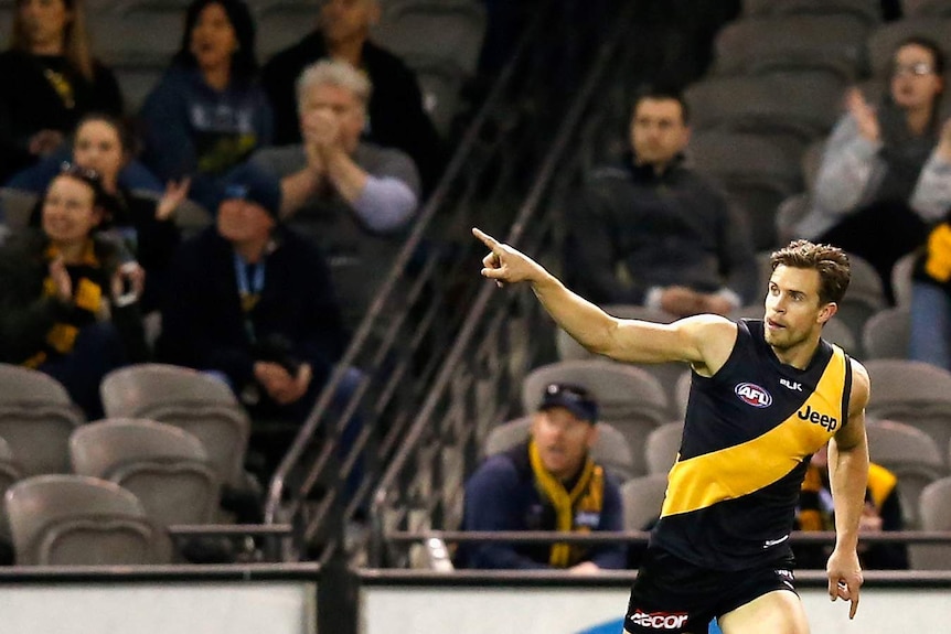 Richmond's Brett Deledio celebrates a goal against Port Adelaide at Docklands in July 2014.