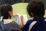 Two students work on a spelling activity